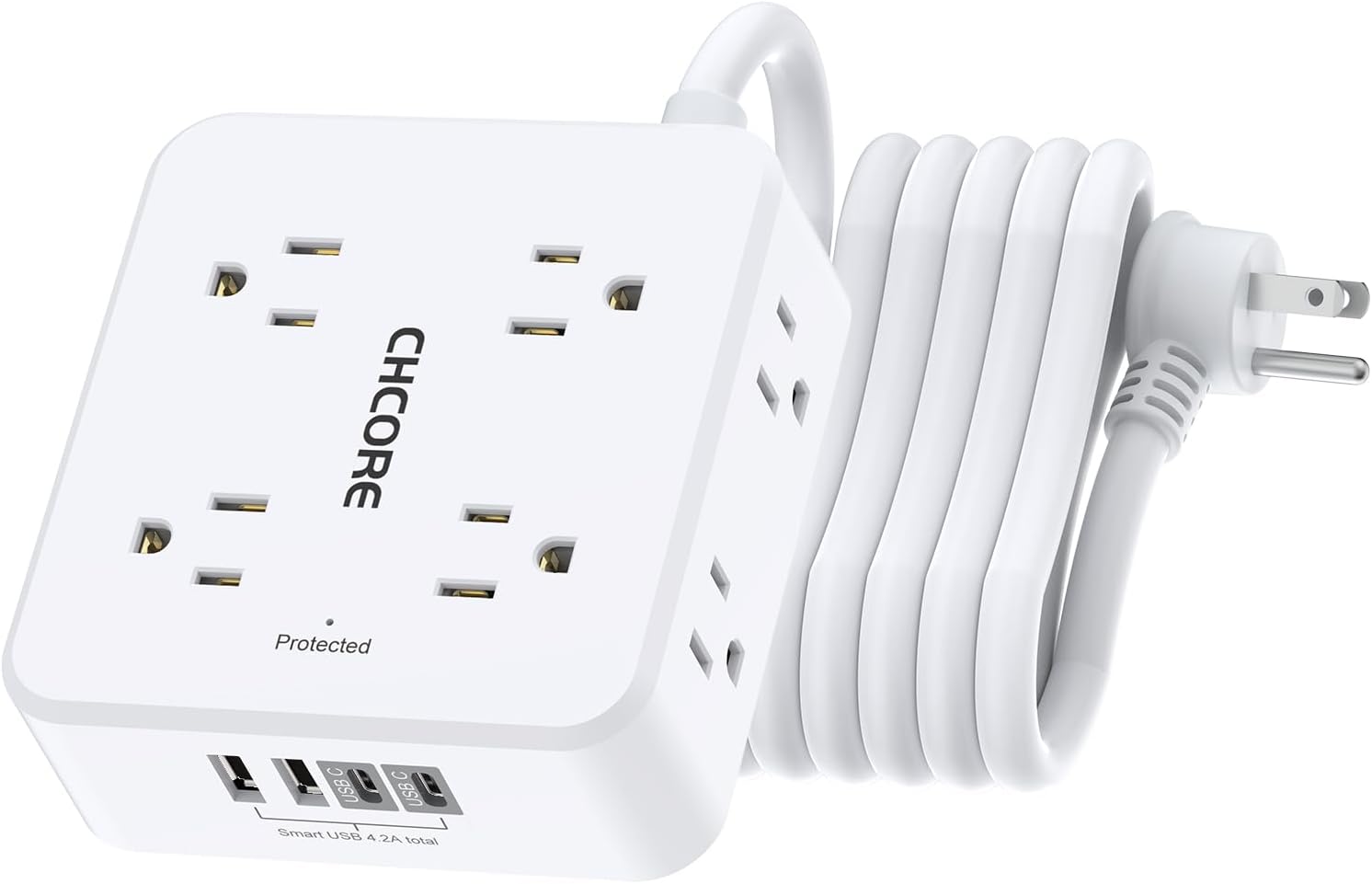 12 in 1 Surge Protector Power Strip with 8 Outlets & 4 USB (2 USB-C), 5Ft Flat Plug Extension Cord, ETL Listed