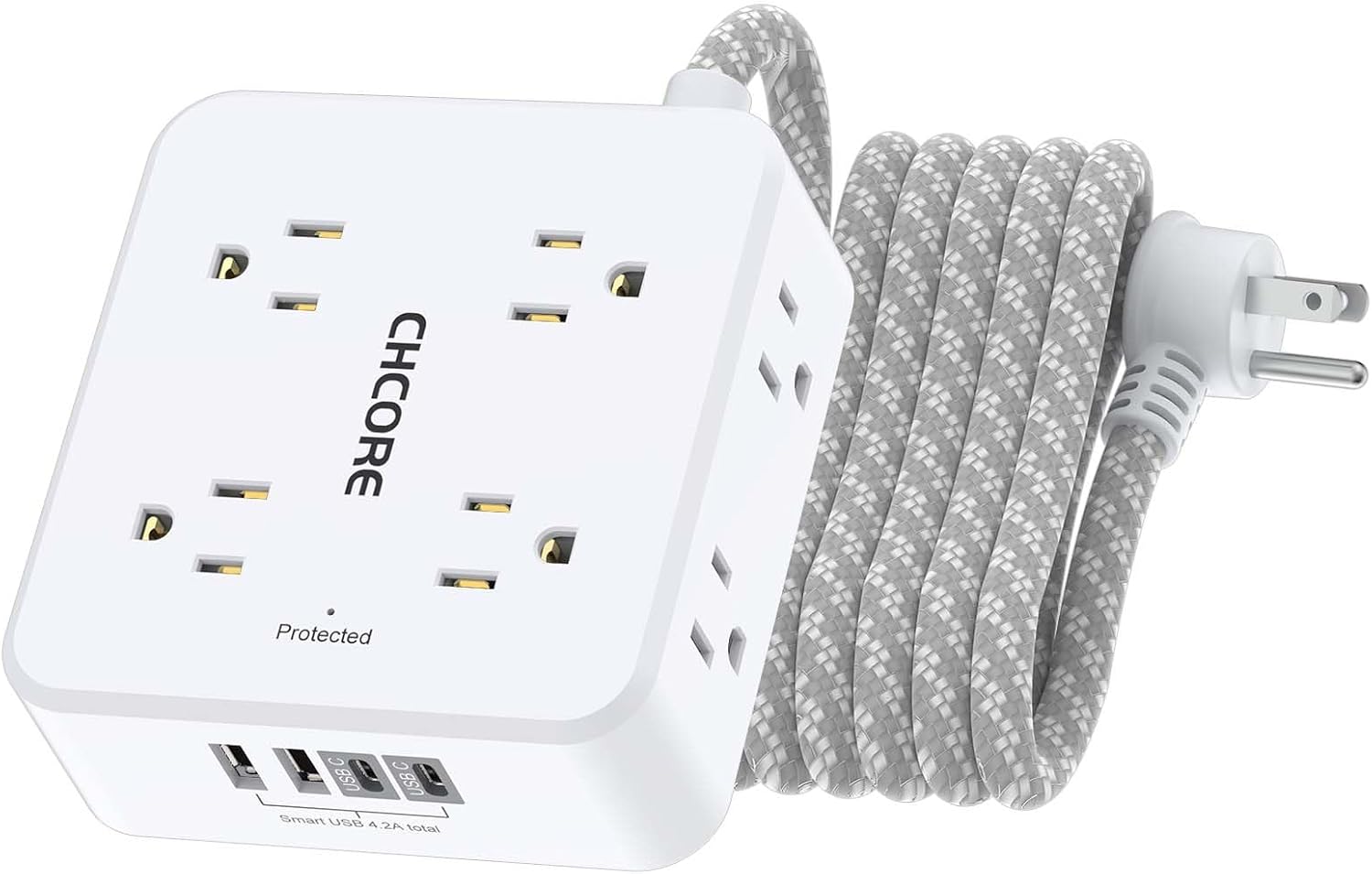 12 in 1 Surge Protector Power Strip with 8 Outlets & 4 USB (2 USB-C), 5Ft Flat Plug Extension Cord, ETL Listed