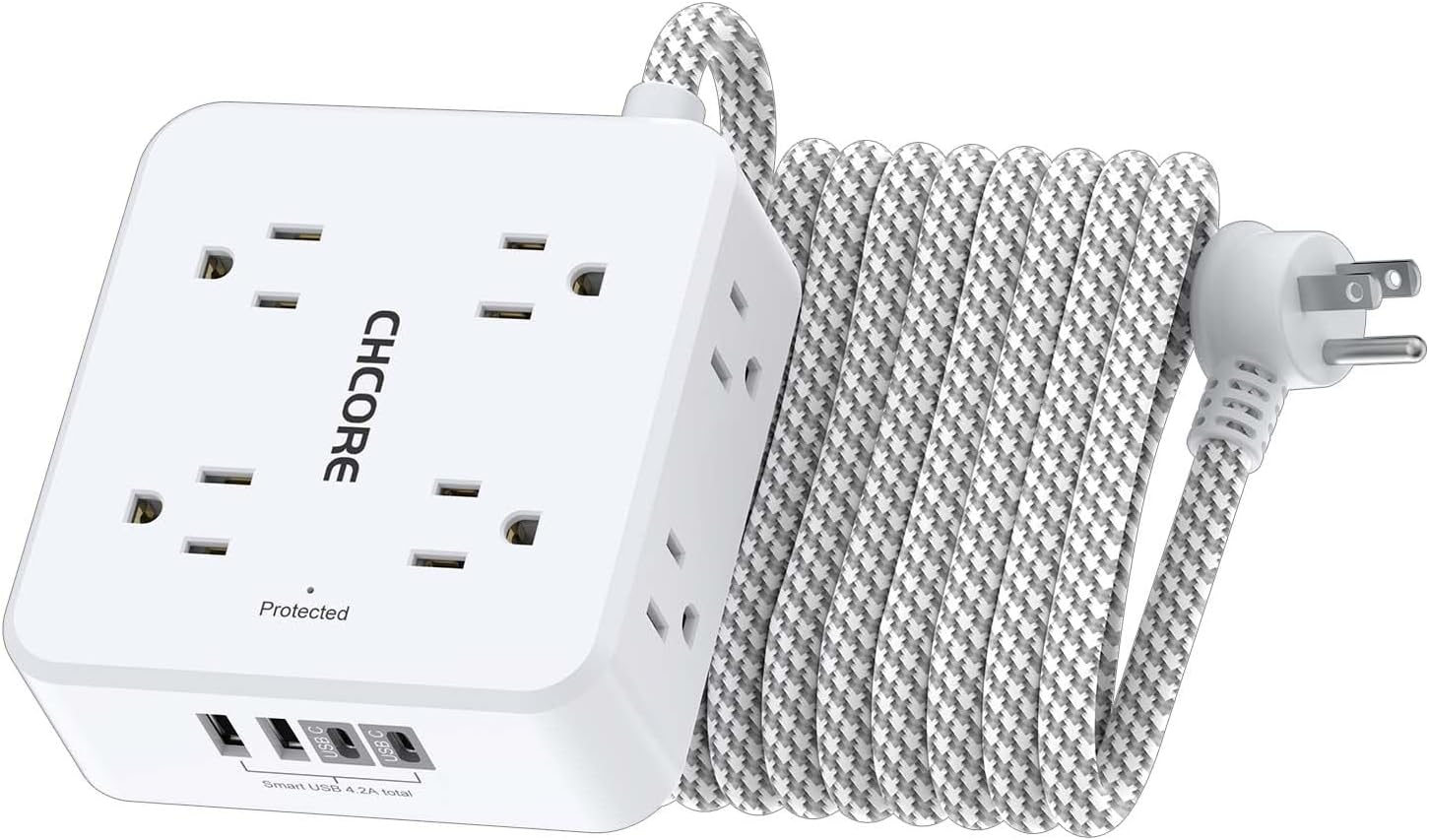 12 in 1 Surge Protector Power Strip with 8 Outlets & 4 USB (2 USB-C), 5Ft Flat Plug Extension Cord, ETL Listed
