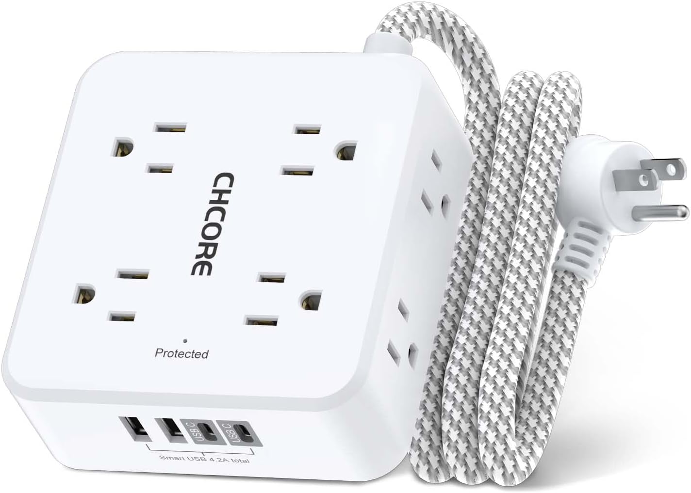 12 in 1 Surge Protector Power Strip with 8 Outlets & 4 USB (2 USB-C), 5Ft Flat Plug Extension Cord, ETL Listed