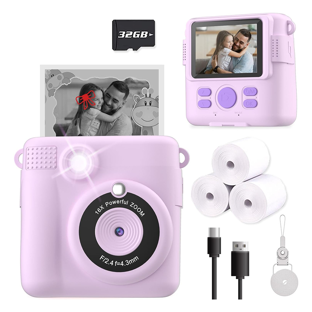 Kids Instant Print Camera with 32GB SD – HD Video, Fun Toy Gift (Purple)