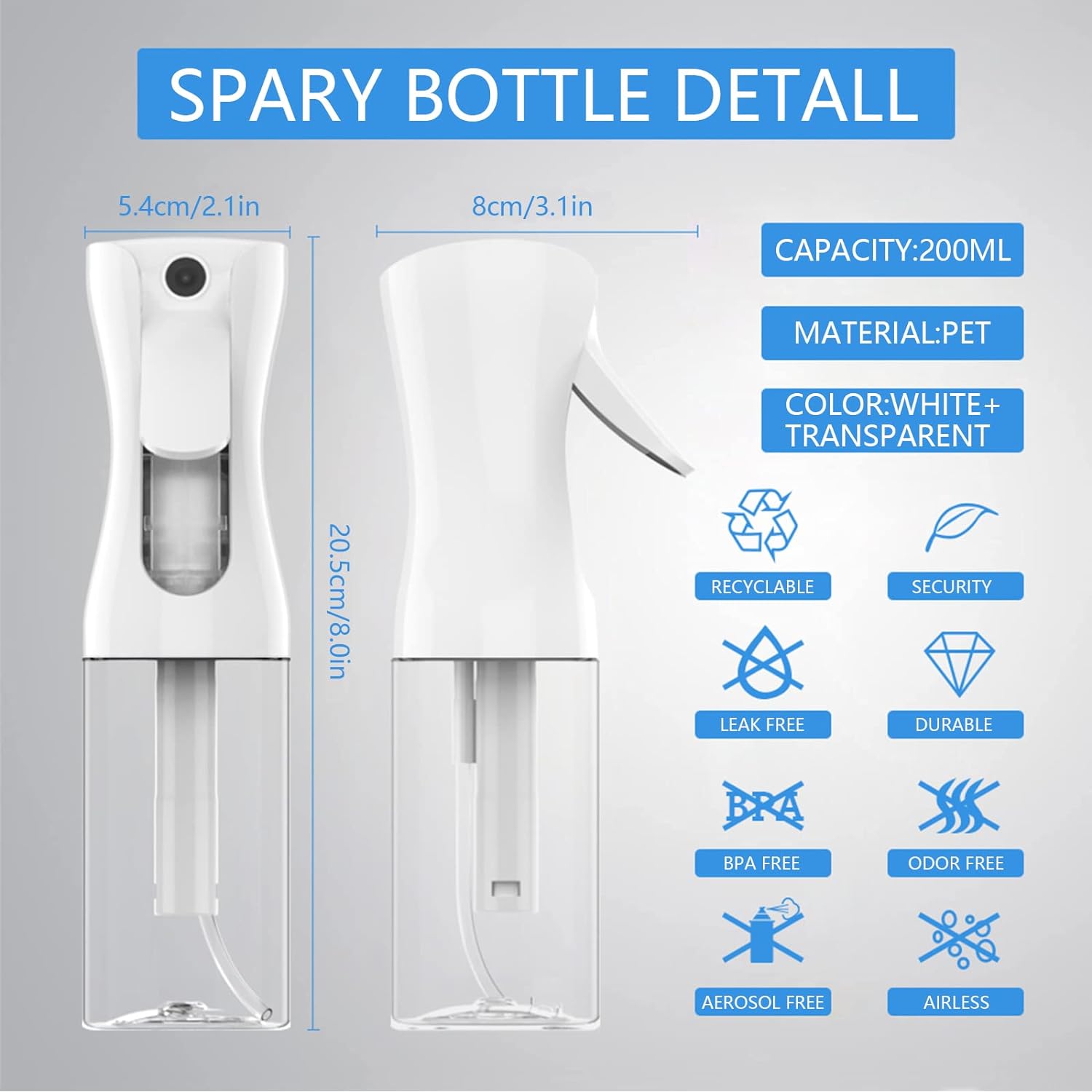 Reusable Ultra-Fine Spray Bottles for Hair (200ml/6.8oz 2pack) for Salon, Hairstyling, Plant Watering, Cleaning, Spraying And Skin Care