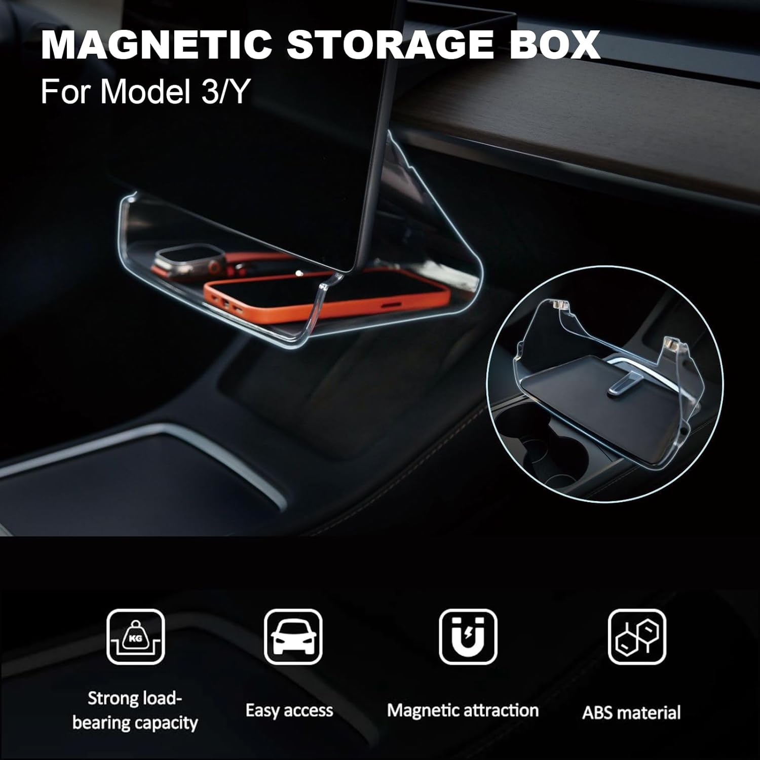 Center Console Organizer with Anti-Slip Liner Tray Magnetic with Tesla Model 3 Model Y Accessories(Black)