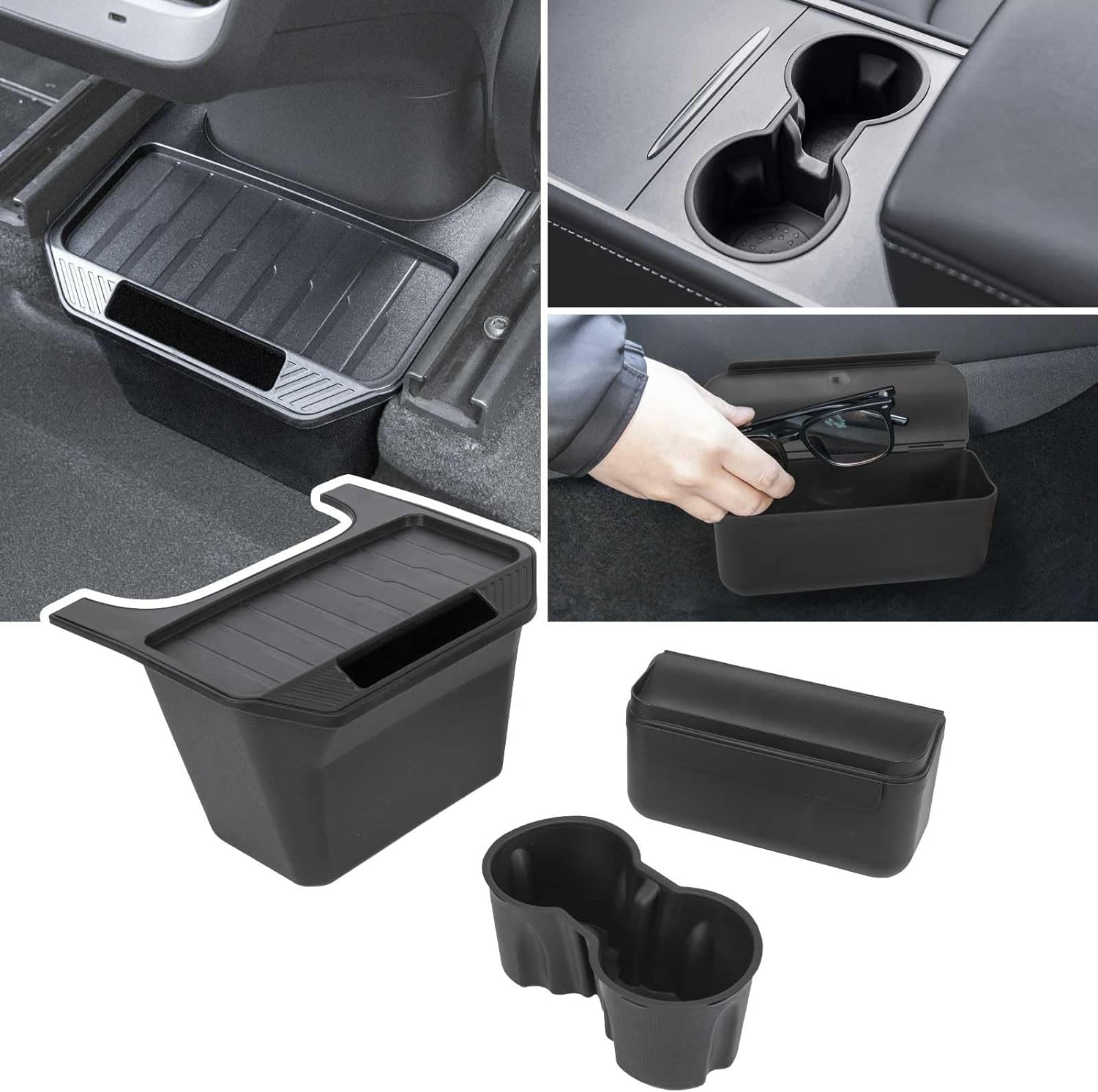 Combo Cup Holder, Sunglasses Holder and Rear Center Console Storage Box for Tesla