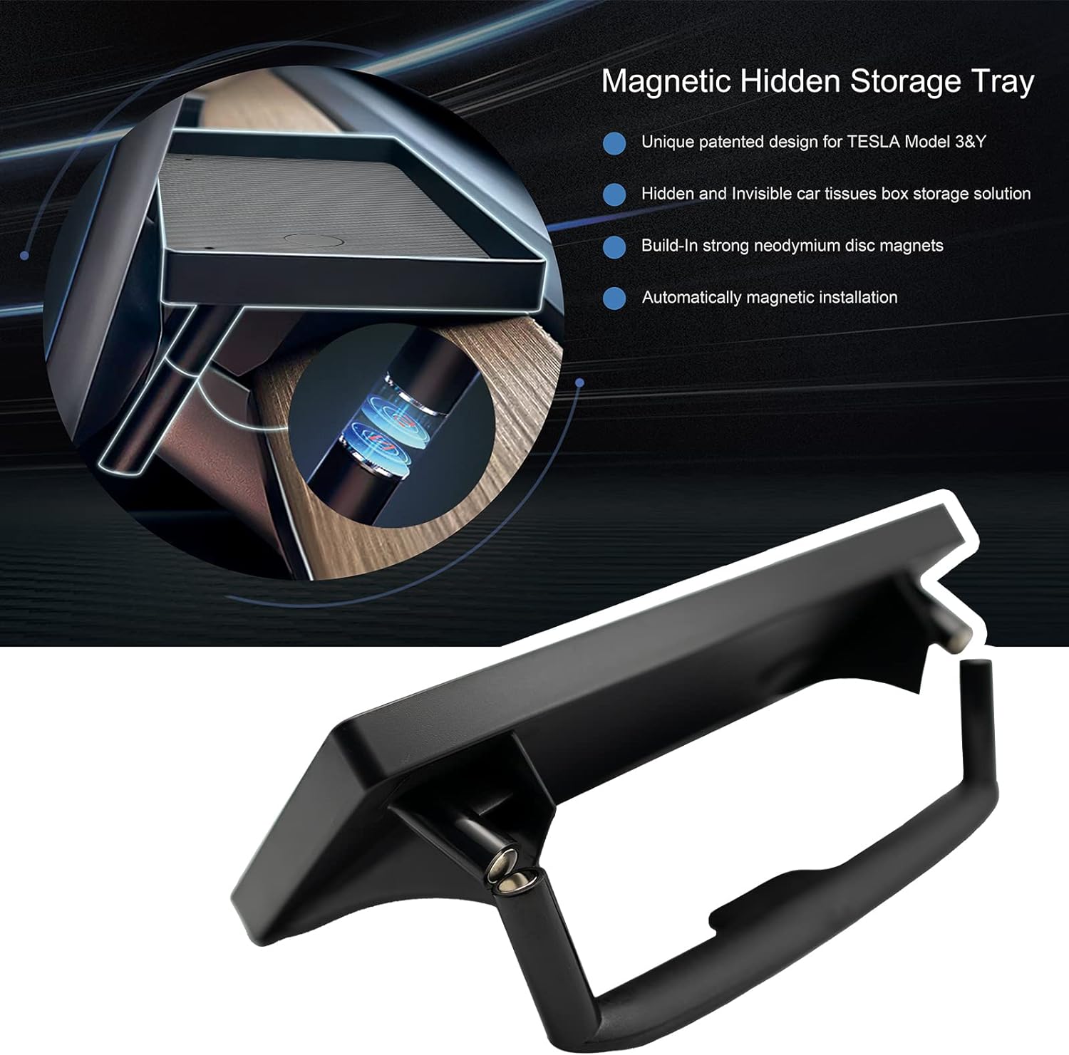 Center Console Organizer with Anti-Slip Liner Tray Magnetic with Tesla Model 3 Model Y Accessories(Black)