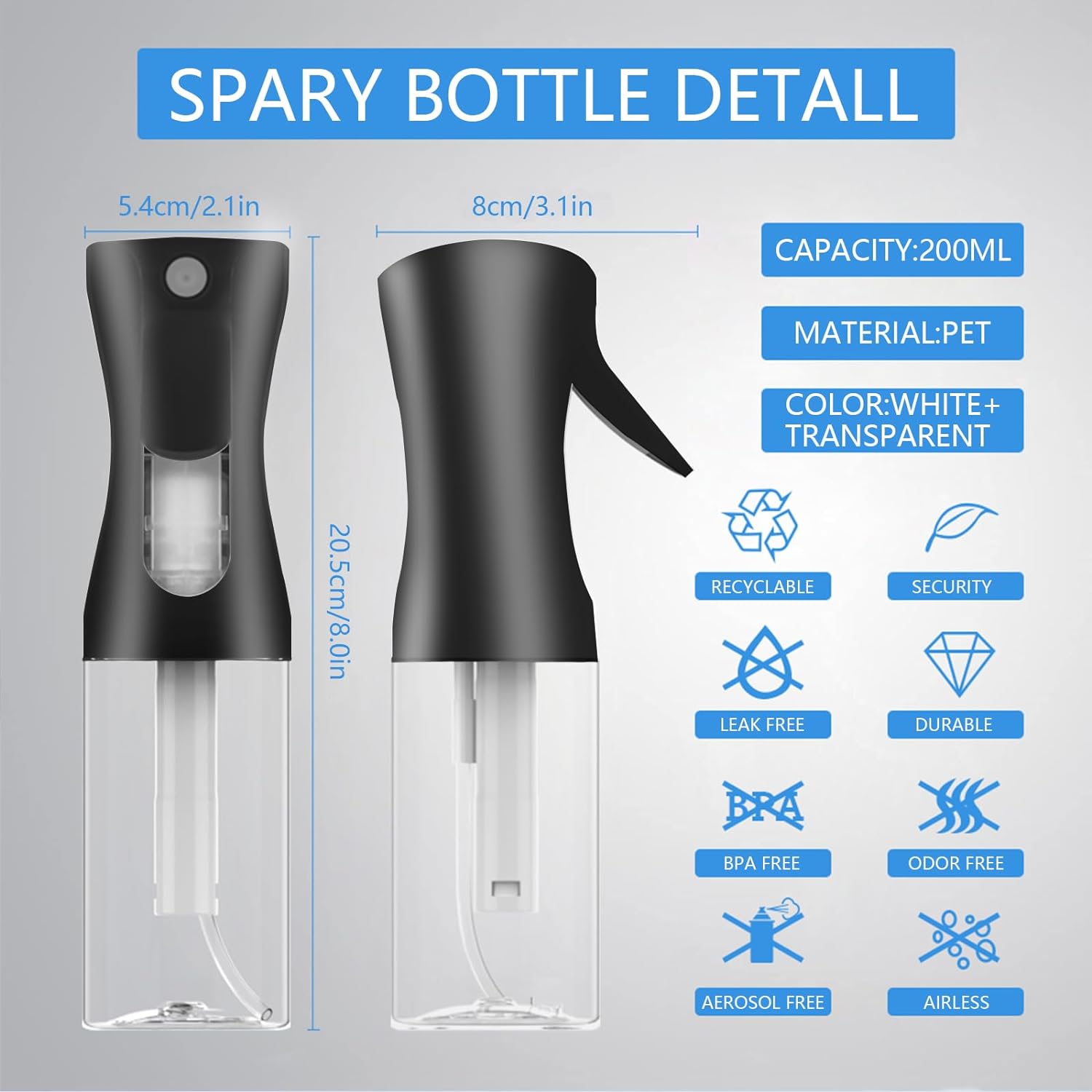 Reusable Ultra-Fine Spray Bottles for Hair (200ml/6.8oz 2pack) for Salon, Hairstyling, Plant Watering, Cleaning, Spraying And Skin Care